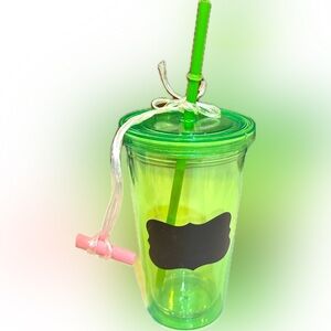 GREEN TRANSPARENT INSULATED CUP TUMBLER SIP STRAW SCREW ON LID CHALK BOARD LABEL